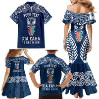 Personalised Kia Kaha Te Reo Maori Family Matching Mermaid Dress and Hawaiian Shirt Hei Tiki Mix Koru - Navy Blue LT7 - Polynesian Pride