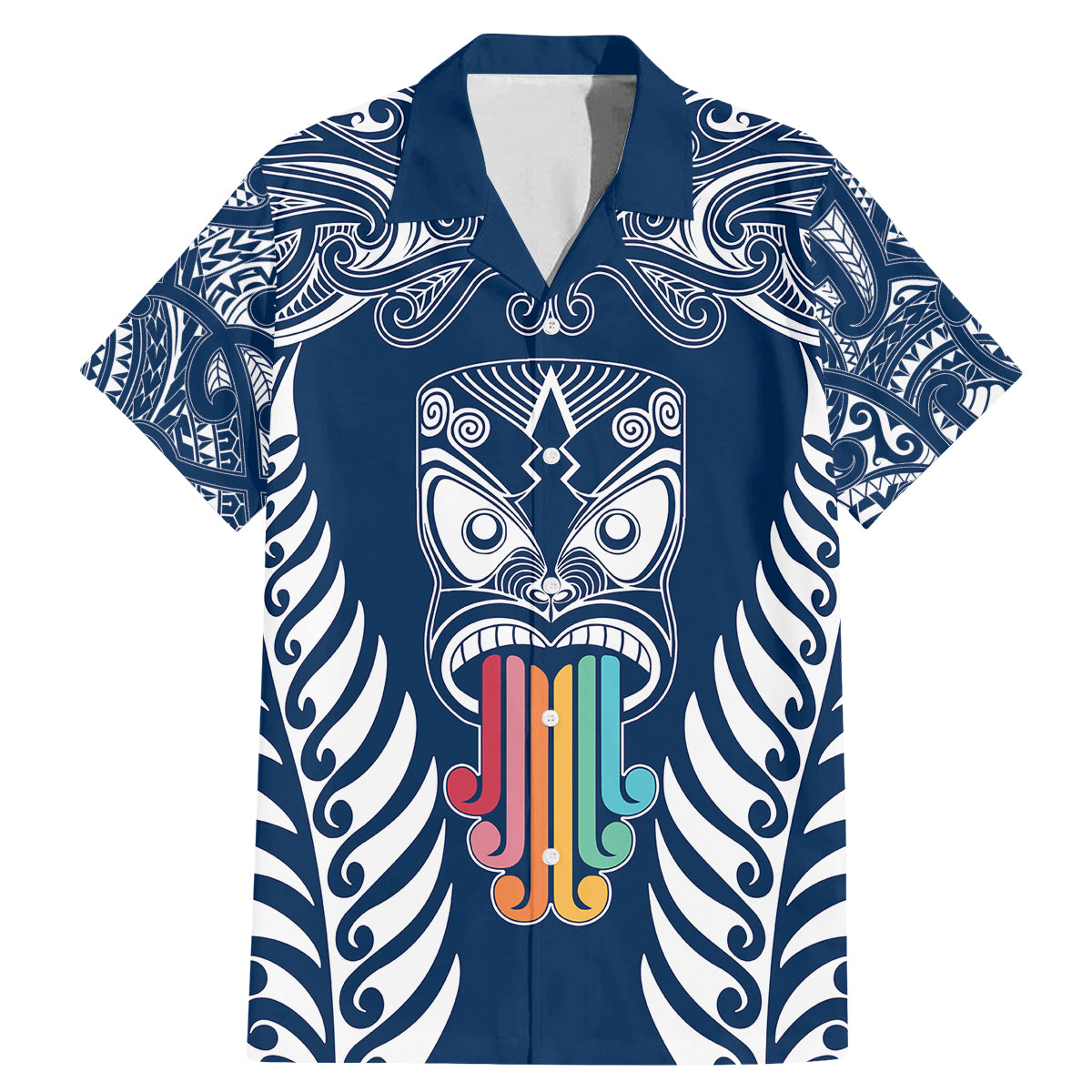 Personalised Kia Kaha Te Reo Maori Family Matching Mermaid Dress and Hawaiian Shirt Hei Tiki Mix Koru - Navy Blue LT7 Dad's Shirt - Short Sleeve Navy - Polynesian Pride