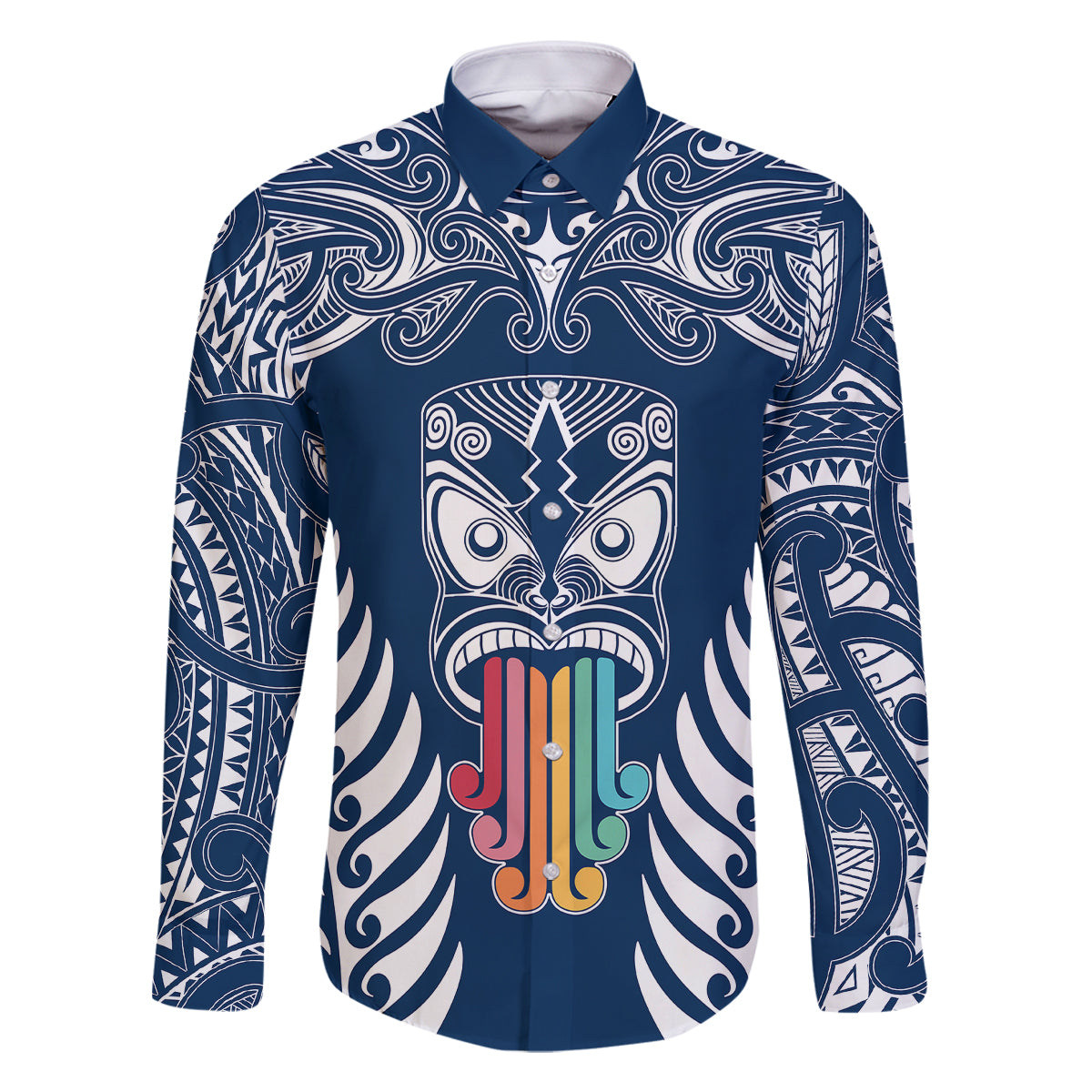 Personalised Kia Kaha Te Reo Maori Family Matching Mermaid Dress and Hawaiian Shirt Hei Tiki Mix Koru - Navy Blue LT7 Dad's Shirt - Long Sleeve Navy - Polynesian Pride