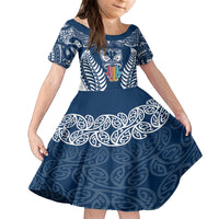 Personalised Kia Kaha Te Reo Maori Family Matching Off Shoulder Maxi Dress and Hawaiian Shirt Hei Tiki Mix Koru - Navy Blue LT7 Daughter's Dress Navy - Polynesian Pride