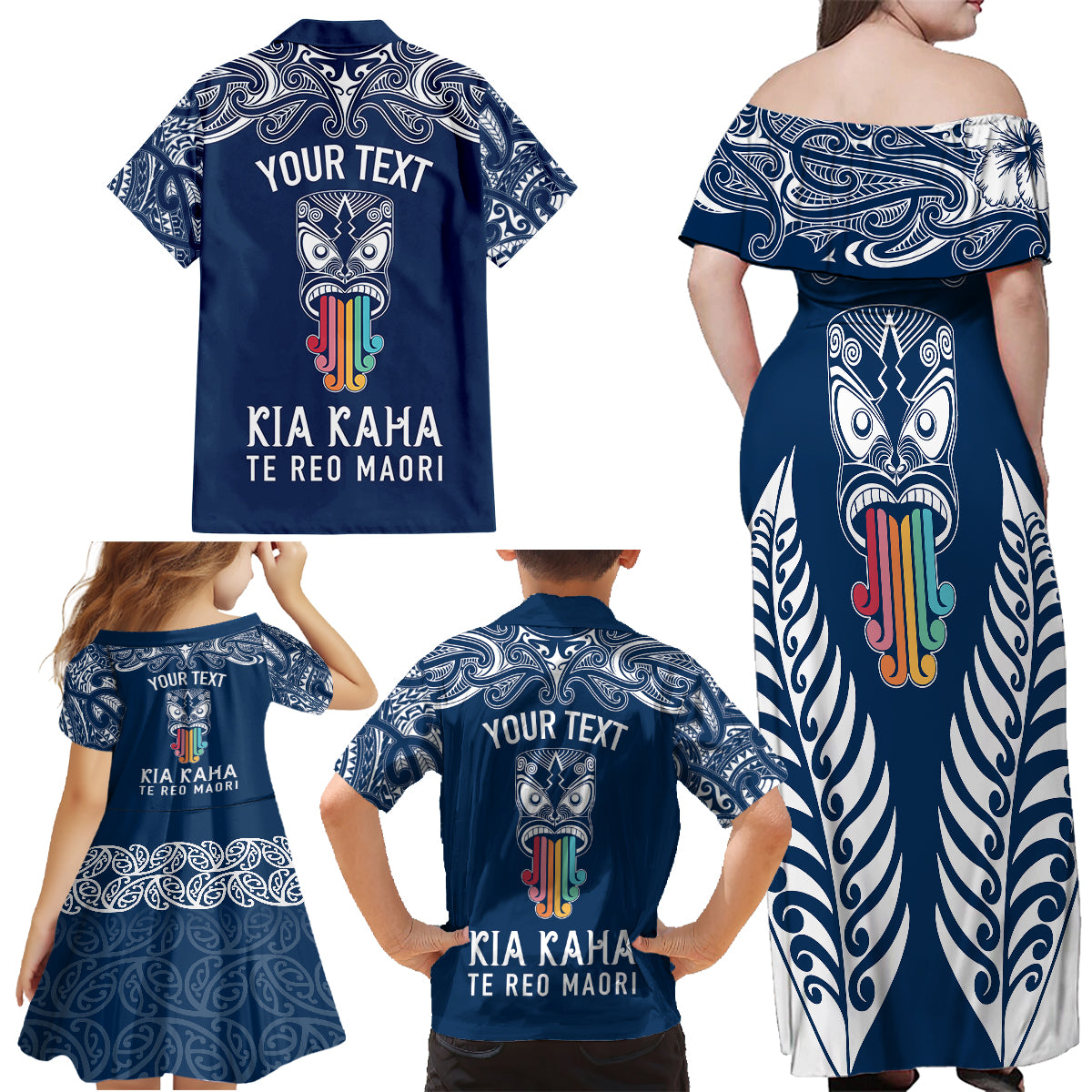 Personalised Kia Kaha Te Reo Maori Family Matching Off Shoulder Maxi Dress and Hawaiian Shirt Hei Tiki Mix Koru - Navy Blue LT7 - Polynesian Pride