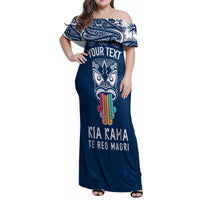 Personalised Kia Kaha Te Reo Maori Family Matching Off Shoulder Maxi Dress and Hawaiian Shirt Hei Tiki Mix Koru - Navy Blue LT7 Dad's Shirt - Long Sleeve Navy - Polynesian Pride