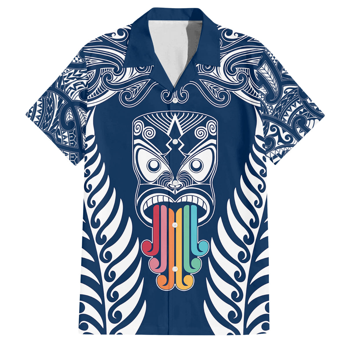 Personalised Kia Kaha Te Reo Maori Family Matching Off Shoulder Maxi Dress and Hawaiian Shirt Hei Tiki Mix Koru - Navy Blue LT7 Mom's Dress Navy - Polynesian Pride