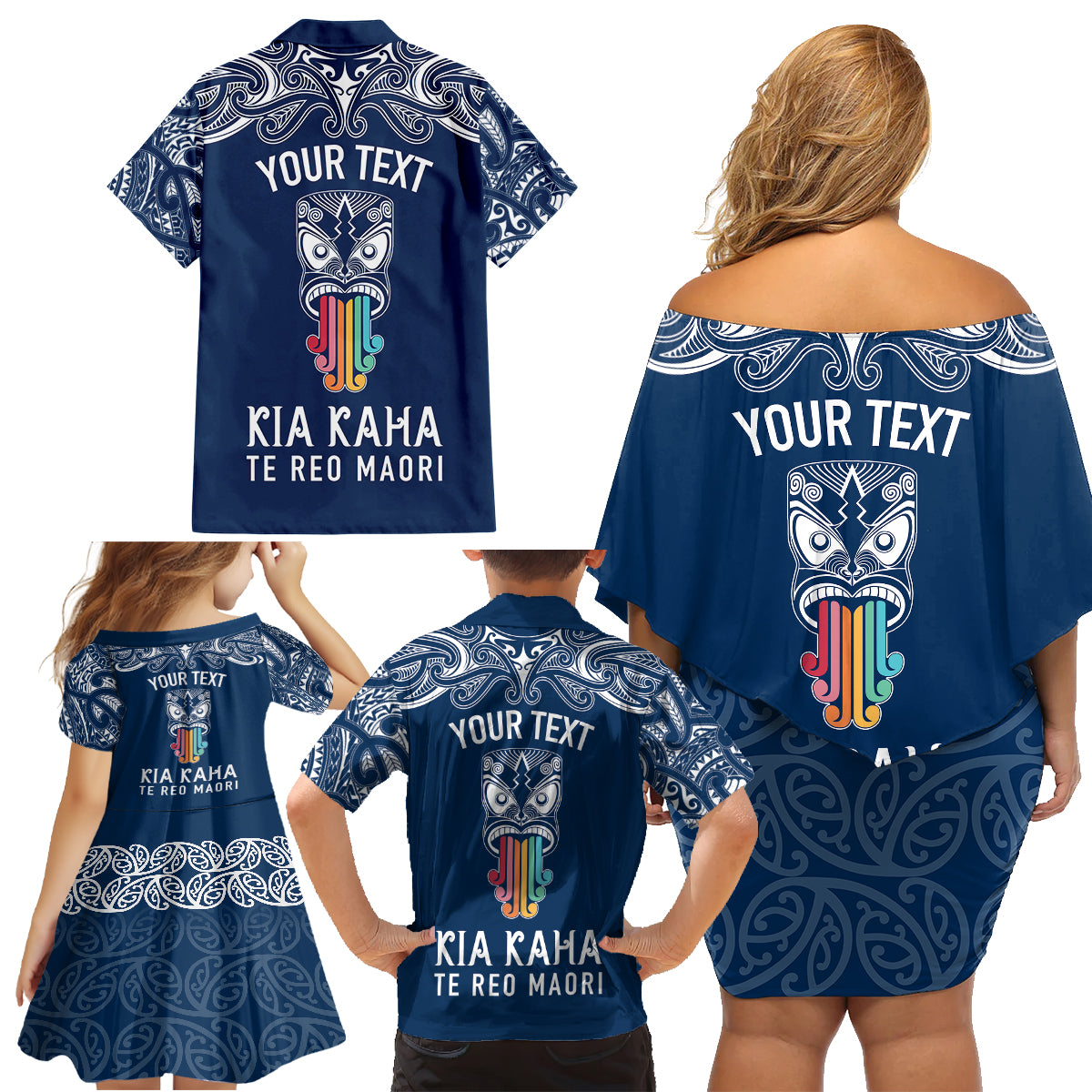 Personalised Kia Kaha Te Reo Maori Family Matching Off Shoulder Short Dress and Hawaiian Shirt Hei Tiki Mix Koru - Navy Blue LT7 - Polynesian Pride