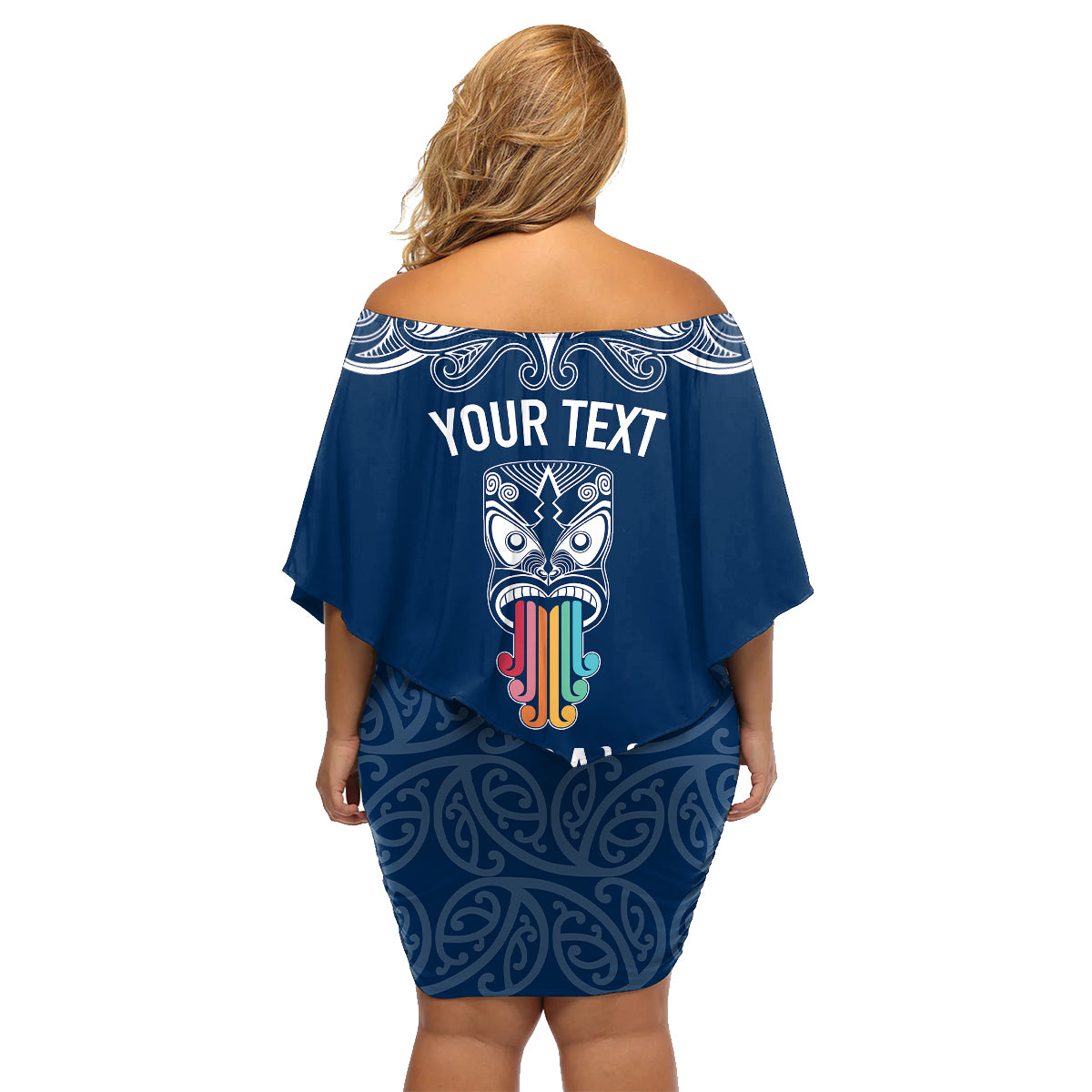 Personalised Kia Kaha Te Reo Maori Family Matching Off Shoulder Short Dress and Hawaiian Shirt Hei Tiki Mix Koru - Navy Blue LT7 - Polynesian Pride