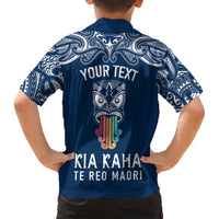 Personalised Kia Kaha Te Reo Maori Family Matching Short Sleeve Bodycon Dress and Hawaiian Shirt Hei Tiki Mix Koru - Navy Blue LT7 - Polynesian Pride