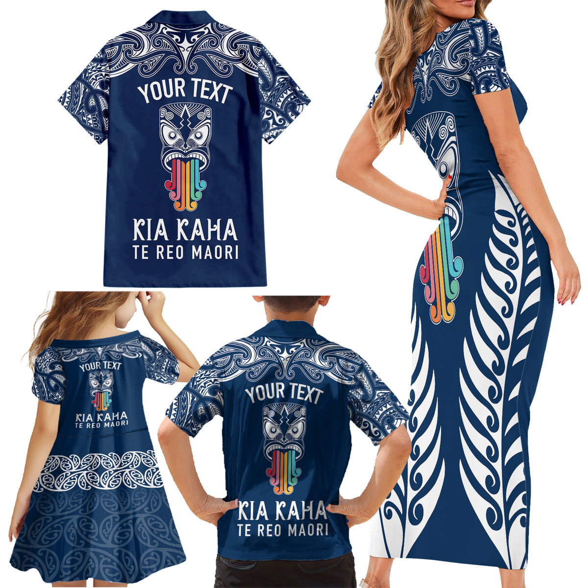 Personalised Kia Kaha Te Reo Maori Family Matching Short Sleeve Bodycon Dress and Hawaiian Shirt Hei Tiki Mix Koru - Navy Blue LT7 - Polynesian Pride