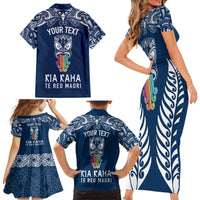 Personalised Kia Kaha Te Reo Maori Family Matching Short Sleeve Bodycon Dress and Hawaiian Shirt Hei Tiki Mix Koru - Navy Blue LT7 - Polynesian Pride