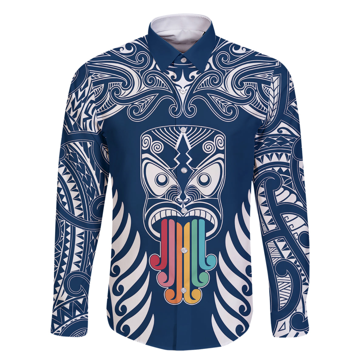 Personalised Kia Kaha Te Reo Maori Family Matching Short Sleeve Bodycon Dress and Hawaiian Shirt Hei Tiki Mix Koru - Navy Blue LT7 Dad's Shirt - Long Sleeve Navy - Polynesian Pride