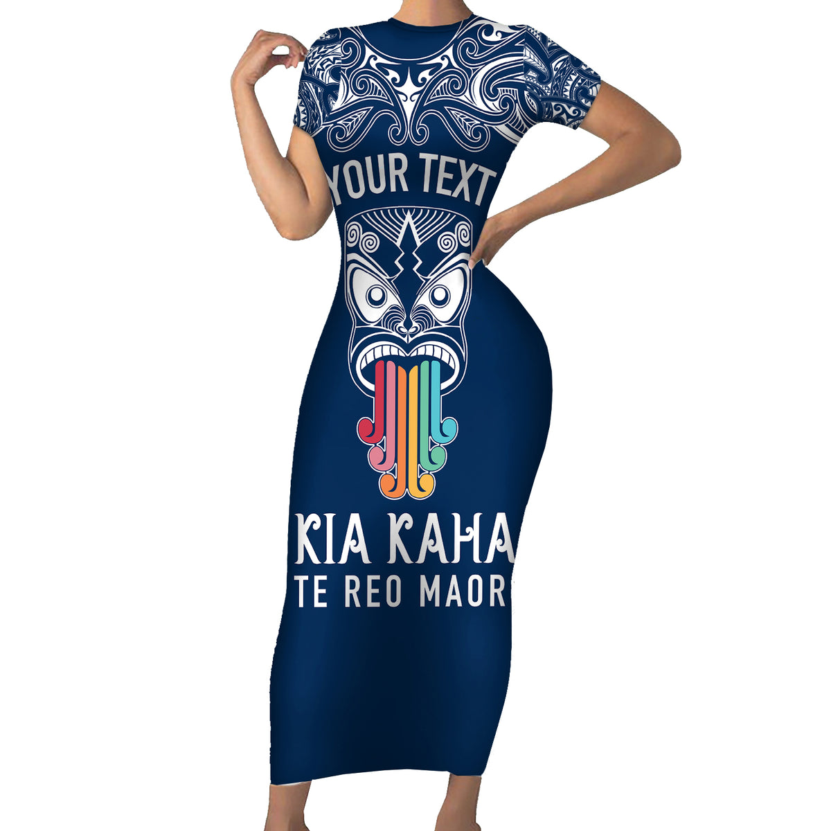 Personalised Kia Kaha Te Reo Maori Family Matching Short Sleeve Bodycon Dress and Hawaiian Shirt Hei Tiki Mix Koru - Navy Blue LT7 Mom's Dress Navy - Polynesian Pride
