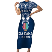 Personalised Kia Kaha Te Reo Maori Family Matching Short Sleeve Bodycon Dress and Hawaiian Shirt Hei Tiki Mix Koru - Navy Blue LT7 Mom's Dress Navy - Polynesian Pride