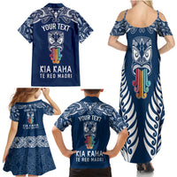 Personalised Kia Kaha Te Reo Maori Family Matching Summer Maxi Dress and Hawaiian Shirt Hei Tiki Mix Koru - Navy Blue LT7 - Polynesian Pride