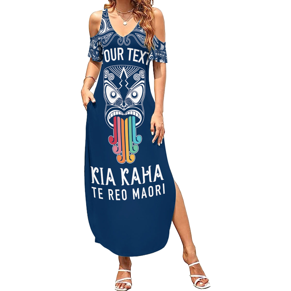 Personalised Kia Kaha Te Reo Maori Family Matching Summer Maxi Dress and Hawaiian Shirt Hei Tiki Mix Koru - Navy Blue LT7 Mom's Dress Navy - Polynesian Pride