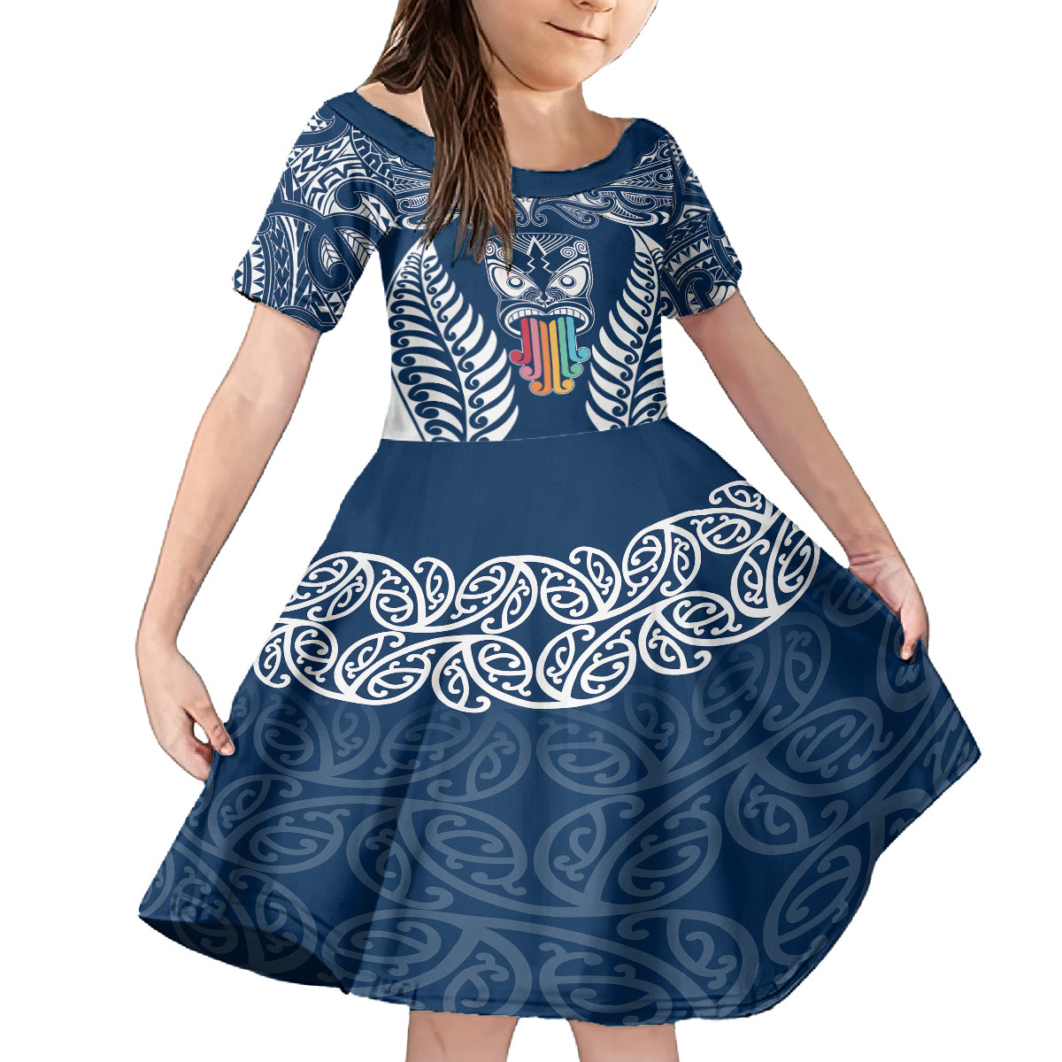 Personalised Kia Kaha Te Reo Maori Family Matching Tank Maxi Dress and Hawaiian Shirt Hei Tiki Mix Koru - Navy Blue LT7 Daughter's Dress Navy - Polynesian Pride