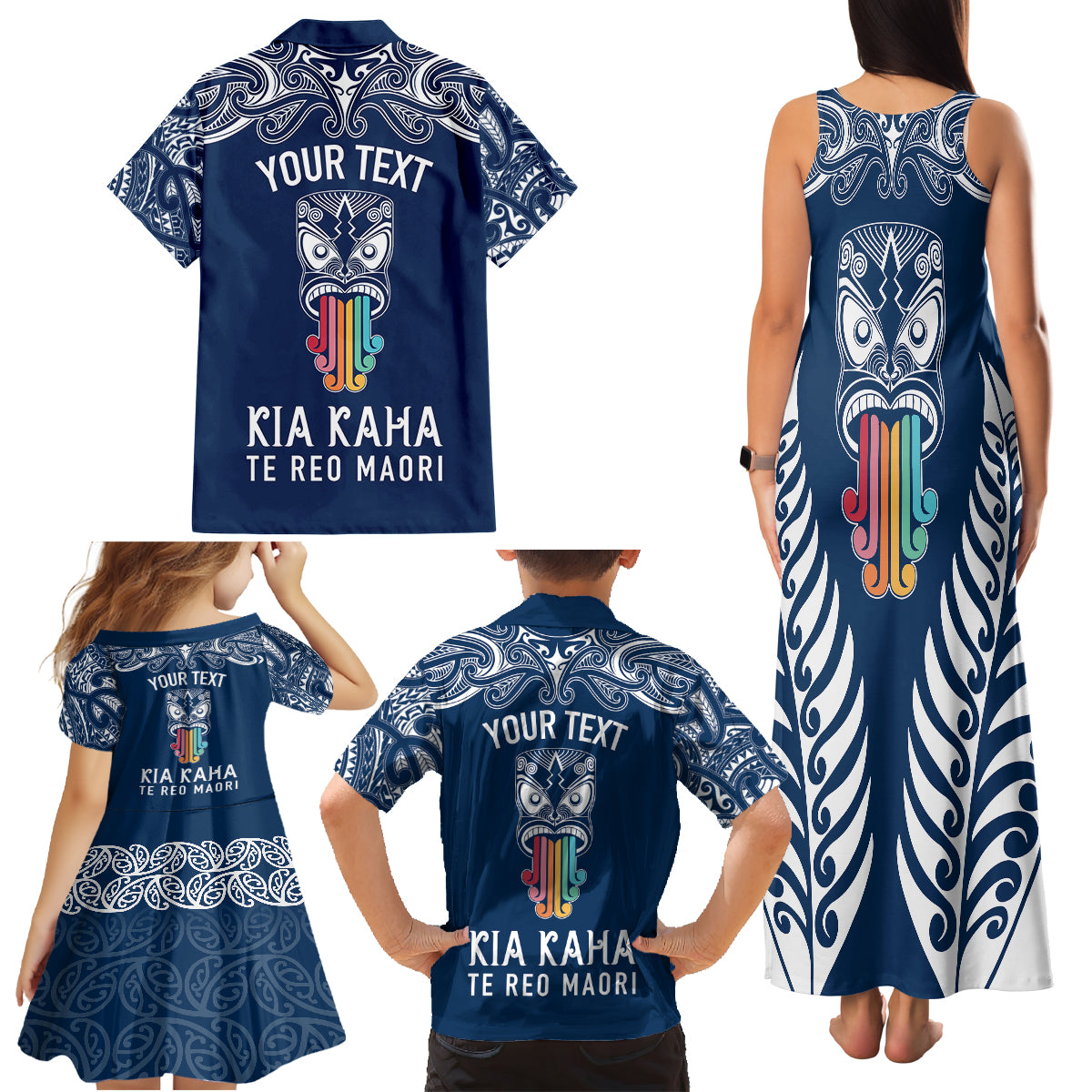 Personalised Kia Kaha Te Reo Maori Family Matching Tank Maxi Dress and Hawaiian Shirt Hei Tiki Mix Koru - Navy Blue LT7 - Polynesian Pride