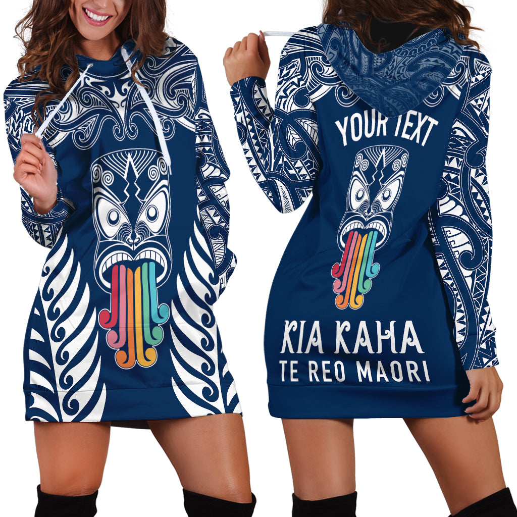 Personalised Kia Kaha Te Reo Maori Hoodie Dress Hei Tiki Mix Koru - Navy Blue LT7 - Polynesian Pride