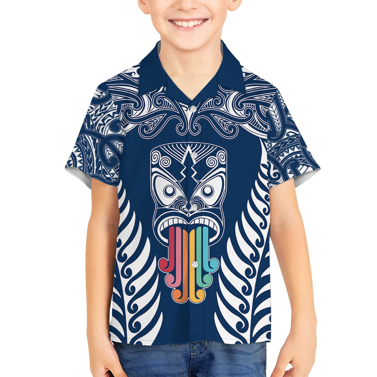 Personalised Kia Kaha Te Reo Maori Kid Hawaiian Shirt Hei Tiki Mix Koru - Navy Blue LT7 - Polynesian Pride