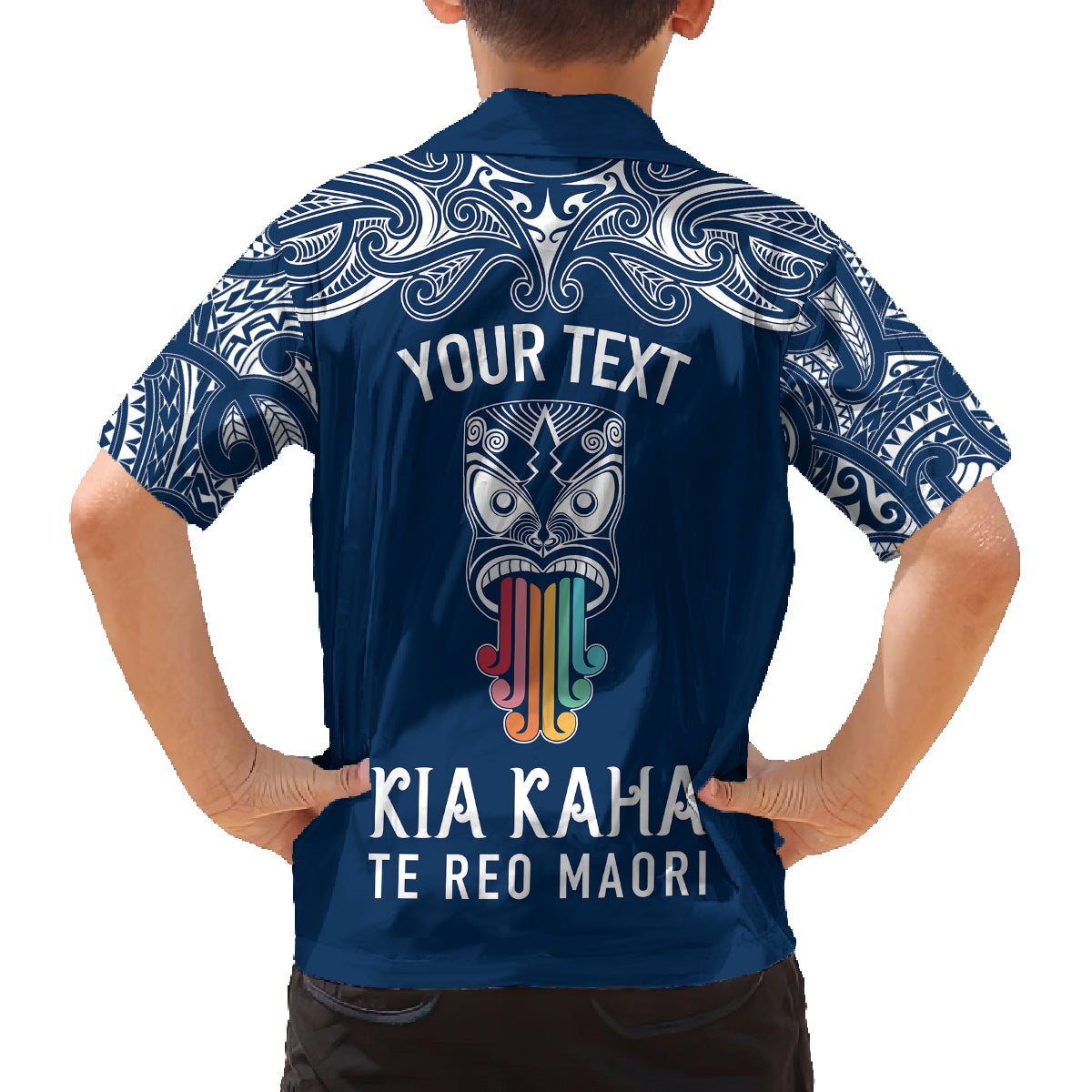 Personalised Kia Kaha Te Reo Maori Kid Hawaiian Shirt Hei Tiki Mix Koru - Navy Blue LT7 - Polynesian Pride