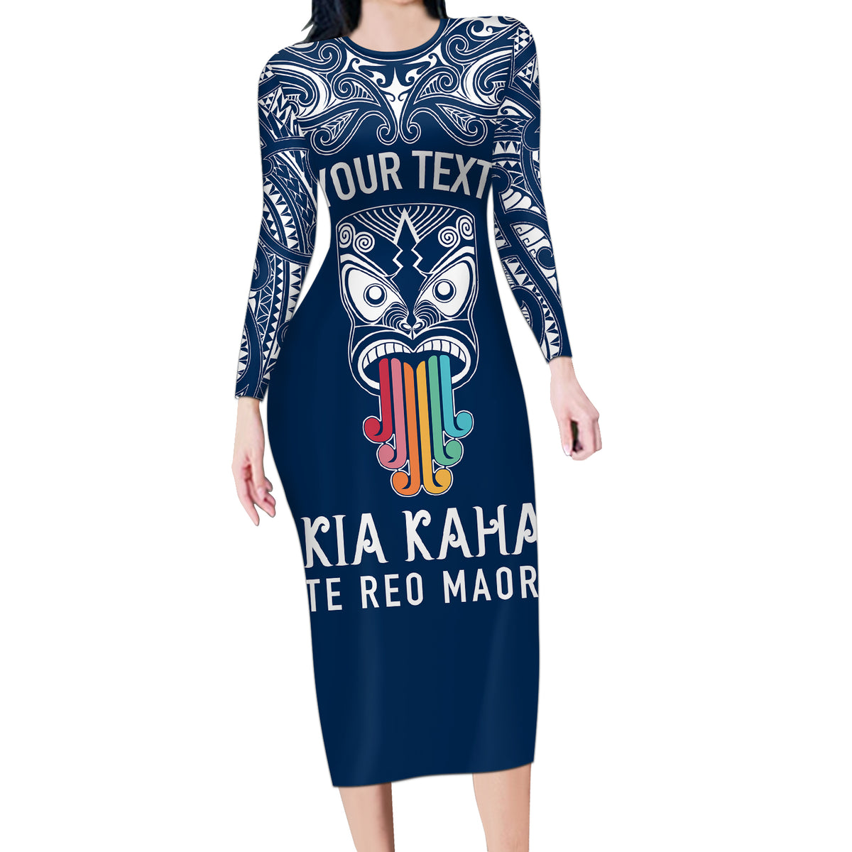 Personalised Kia Kaha Te Reo Maori Long Sleeve Bodycon Dress Hei Tiki Mix Koru - Navy Blue LT7 Long Dress Navy - Polynesian Pride