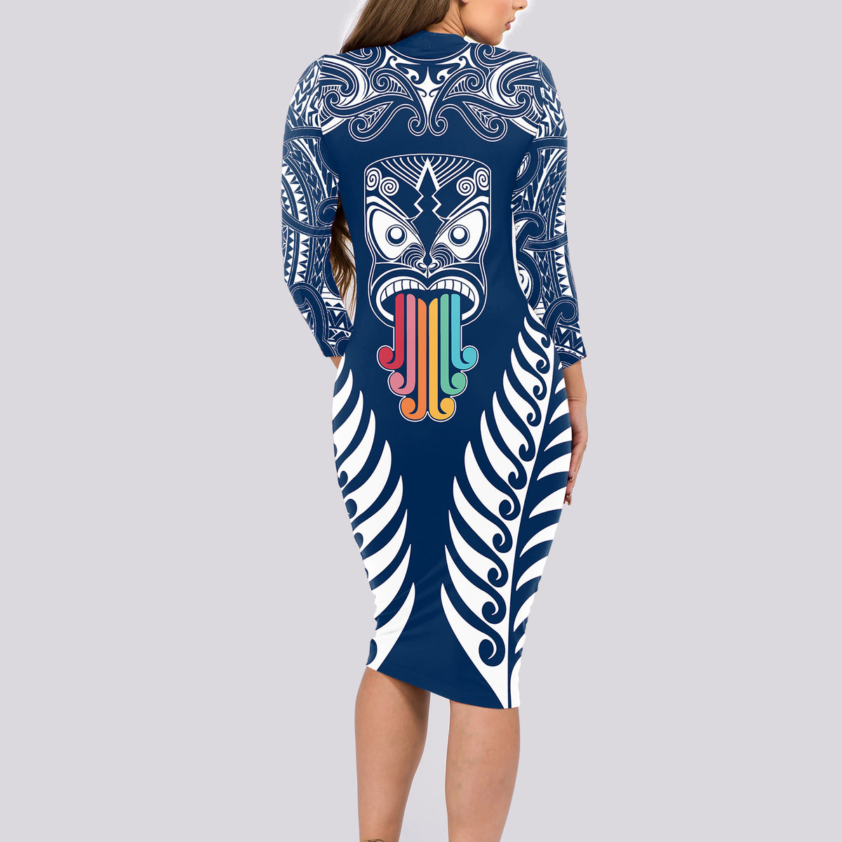 Personalised Kia Kaha Te Reo Maori Long Sleeve Bodycon Dress Hei Tiki Mix Koru - Navy Blue LT7 - Polynesian Pride