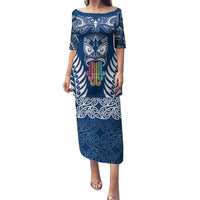 Personalised Kia Kaha Te Reo Maori Puletasi Hei Tiki Mix Koru - Navy Blue LT7 Long Dress Navy - Polynesian Pride