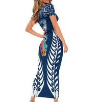 Personalised Kia Kaha Te Reo Maori Short Sleeve Bodycon Dress Hei Tiki Mix Koru - Navy Blue LT7 - Polynesian Pride