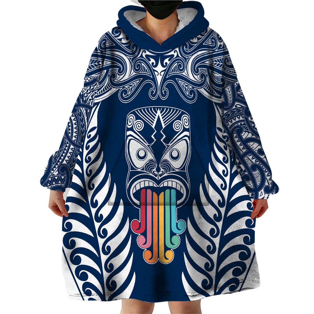 Personalised Kia Kaha Te Reo Maori Wearable Blanket Hoodie Hei Tiki Mix Koru - Navy Blue LT7 - Polynesian Pride