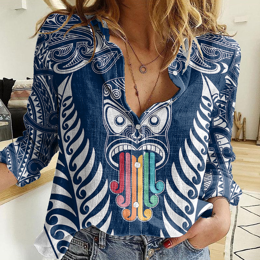 personalised-kia-kaha-te-reo-maori-women-casual-shirt-hei-tiki-mix-koru-navy-blue