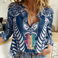personalised-kia-kaha-te-reo-maori-women-casual-shirt-hei-tiki-mix-koru-navy-blue
