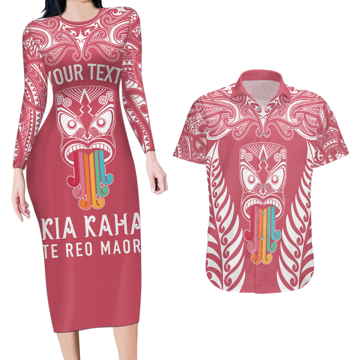 Personalised Kia Kaha Te Reo Maori Couples Matching Long Sleeve Bodycon Dress and Hawaiian Shirt Hei Tiki Mix Koru - Pink LT7 Pink - Polynesian Pride