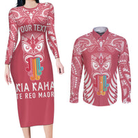 Personalised Kia Kaha Te Reo Maori Couples Matching Long Sleeve Bodycon Dress and Long Sleeve Button Shirts Hei Tiki Mix Koru - Pink LT7 Pink - Polynesian Pride