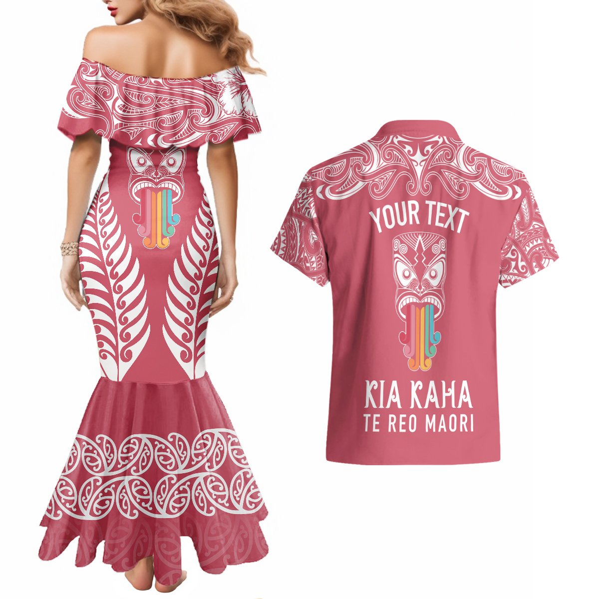Personalised Kia Kaha Te Reo Maori Couples Matching Mermaid Dress and Hawaiian Shirt Hei Tiki Mix Koru - Pink LT7 - Polynesian Pride