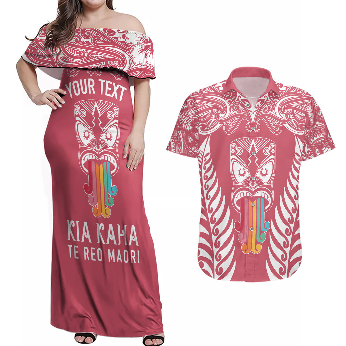 Personalised Kia Kaha Te Reo Maori Couples Matching Off Shoulder Maxi Dress and Hawaiian Shirt Hei Tiki Mix Koru - Pink LT7 Pink - Polynesian Pride