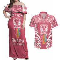Personalised Kia Kaha Te Reo Maori Couples Matching Off Shoulder Maxi Dress and Hawaiian Shirt Hei Tiki Mix Koru - Pink LT7 Pink - Polynesian Pride