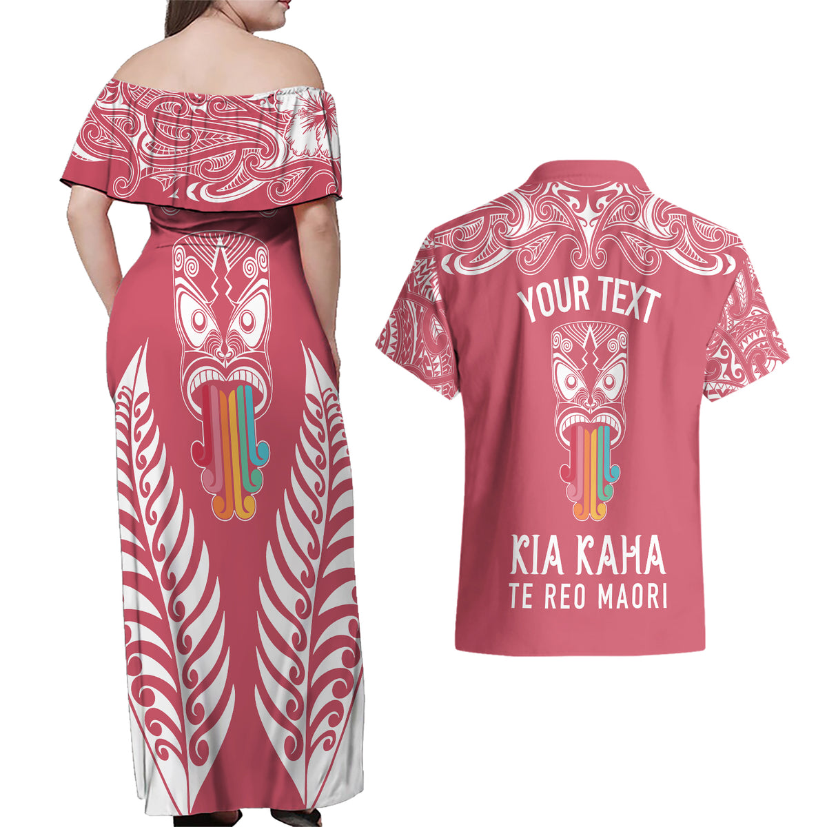 Personalised Kia Kaha Te Reo Maori Couples Matching Off Shoulder Maxi Dress and Hawaiian Shirt Hei Tiki Mix Koru - Pink LT7 - Polynesian Pride
