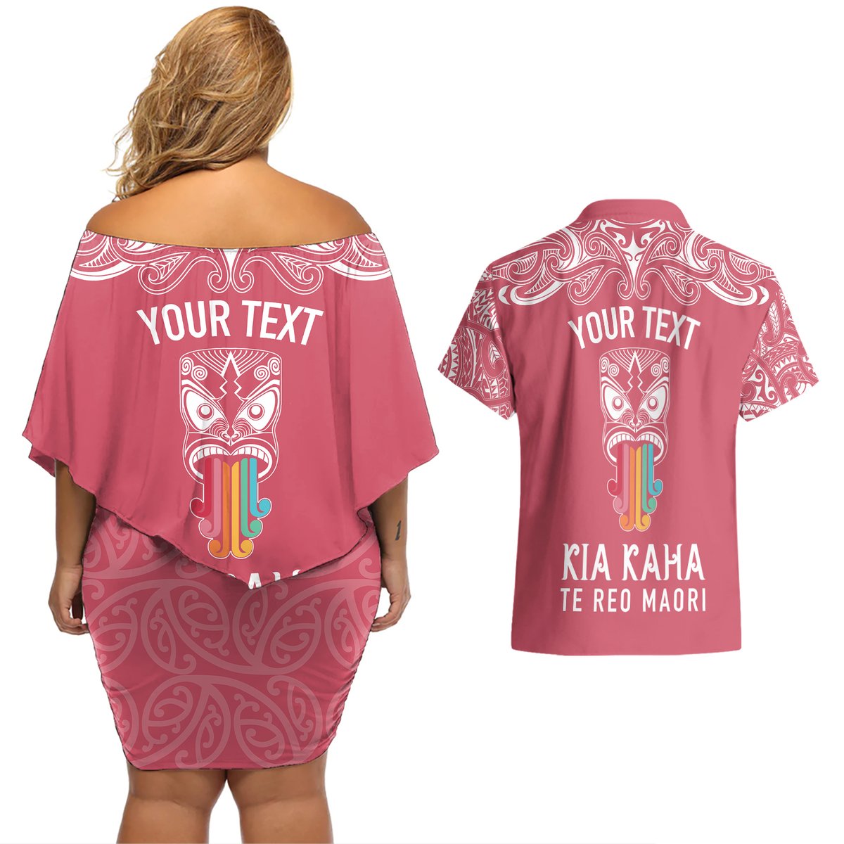 Personalised Kia Kaha Te Reo Maori Couples Matching Off Shoulder Short Dress and Hawaiian Shirt Hei Tiki Mix Koru - Pink LT7 - Polynesian Pride