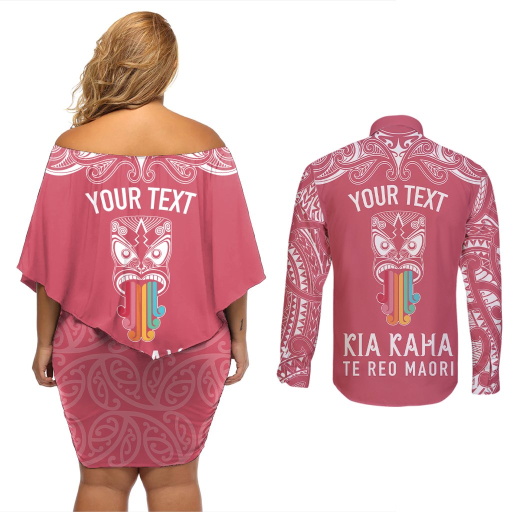 Personalised Kia Kaha Te Reo Maori Couples Matching Off Shoulder Short Dress and Long Sleeve Button Shirts Hei Tiki Mix Koru - Pink LT7 - Polynesian Pride