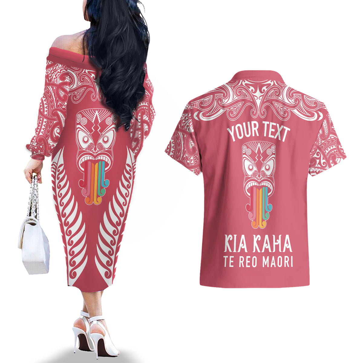Personalised Kia Kaha Te Reo Maori Couples Matching Off The Shoulder Long Sleeve Dress and Hawaiian Shirt Hei Tiki Mix Koru - Pink LT7 - Polynesian Pride