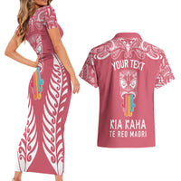 Personalised Kia Kaha Te Reo Maori Couples Matching Short Sleeve Bodycon Dress and Hawaiian Shirt Hei Tiki Mix Koru - Pink LT7 - Polynesian Pride