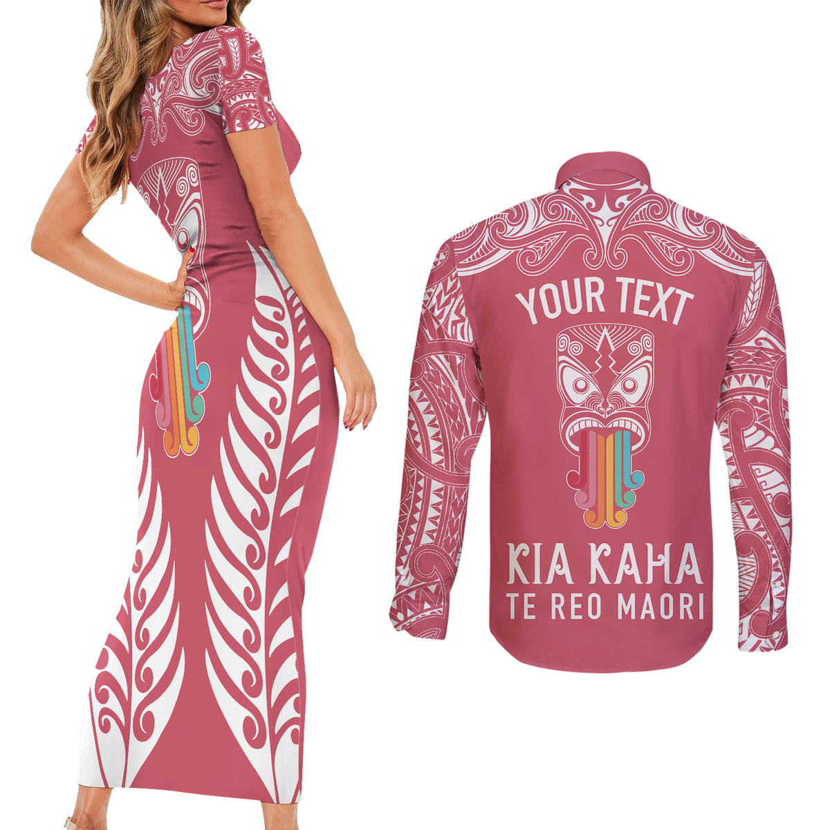 Personalised Kia Kaha Te Reo Maori Couples Matching Short Sleeve Bodycon Dress and Long Sleeve Button Shirts Hei Tiki Mix Koru - Pink LT7 - Polynesian Pride
