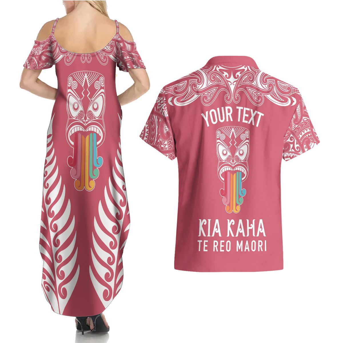 Personalised Kia Kaha Te Reo Maori Couples Matching Summer Maxi Dress and Hawaiian Shirt Hei Tiki Mix Koru - Pink LT7 - Polynesian Pride