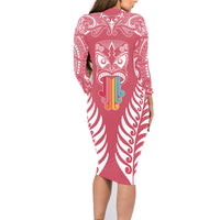 Personalised Kia Kaha Te Reo Maori Family Matching Long Sleeve Bodycon Dress and Hawaiian Shirt Hei Tiki Mix Koru - Pink LT7 - Polynesian Pride