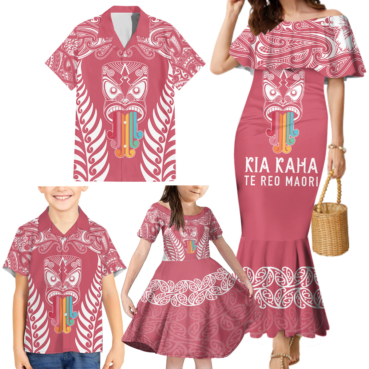 Personalised Kia Kaha Te Reo Maori Family Matching Mermaid Dress and Hawaiian Shirt Hei Tiki Mix Koru - Pink LT7 - Polynesian Pride