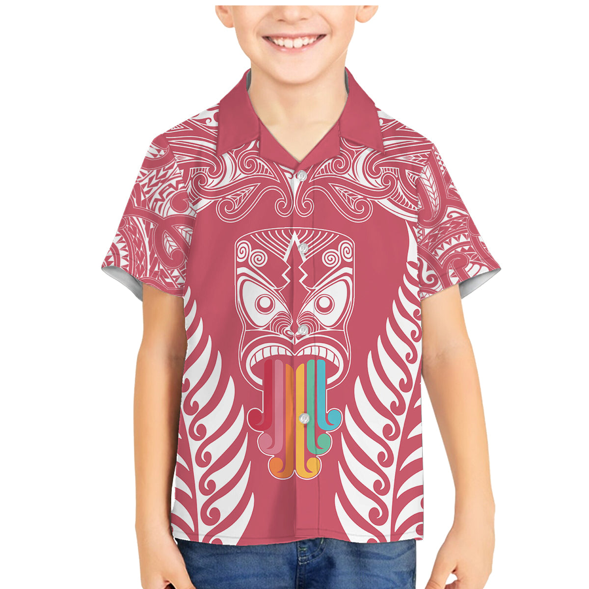 Personalised Kia Kaha Te Reo Maori Family Matching Mermaid Dress and Hawaiian Shirt Hei Tiki Mix Koru - Pink LT7 Son's Shirt Pink - Polynesian Pride