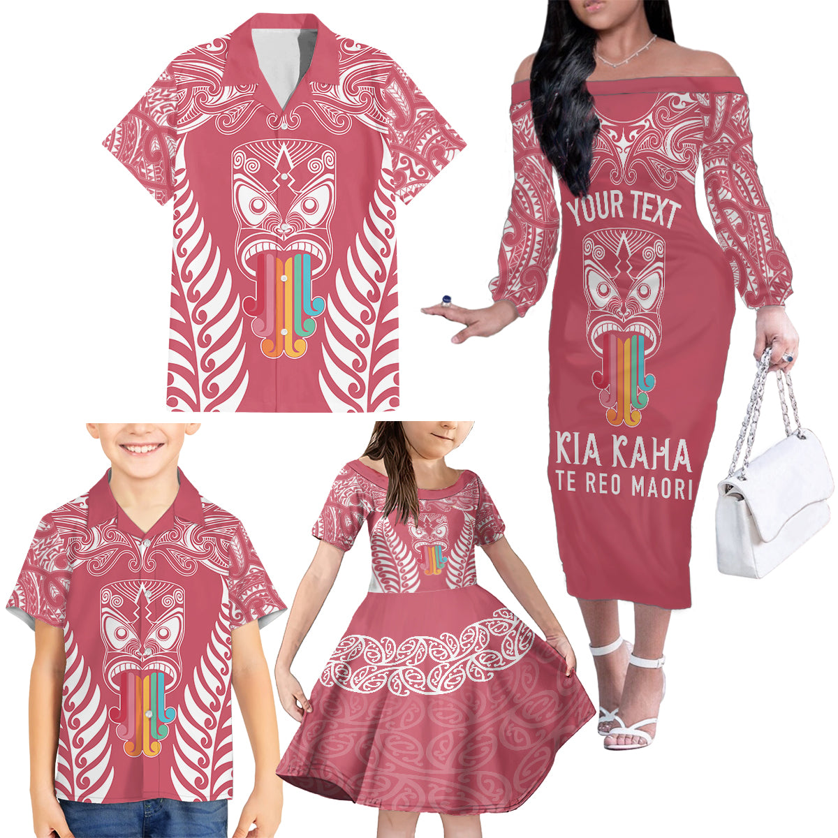 Personalised Kia Kaha Te Reo Maori Family Matching Off Shoulder Long Sleeve Dress and Hawaiian Shirt Hei Tiki Mix Koru - Pink LT7 - Polynesian Pride