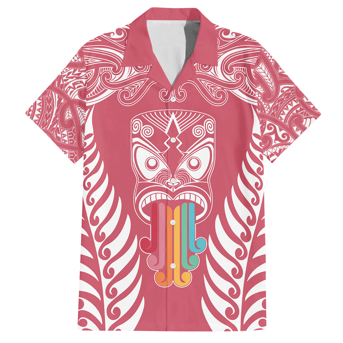 Personalised Kia Kaha Te Reo Maori Family Matching Off Shoulder Long Sleeve Dress and Hawaiian Shirt Hei Tiki Mix Koru - Pink LT7 Dad's Shirt - Short Sleeve Pink - Polynesian Pride