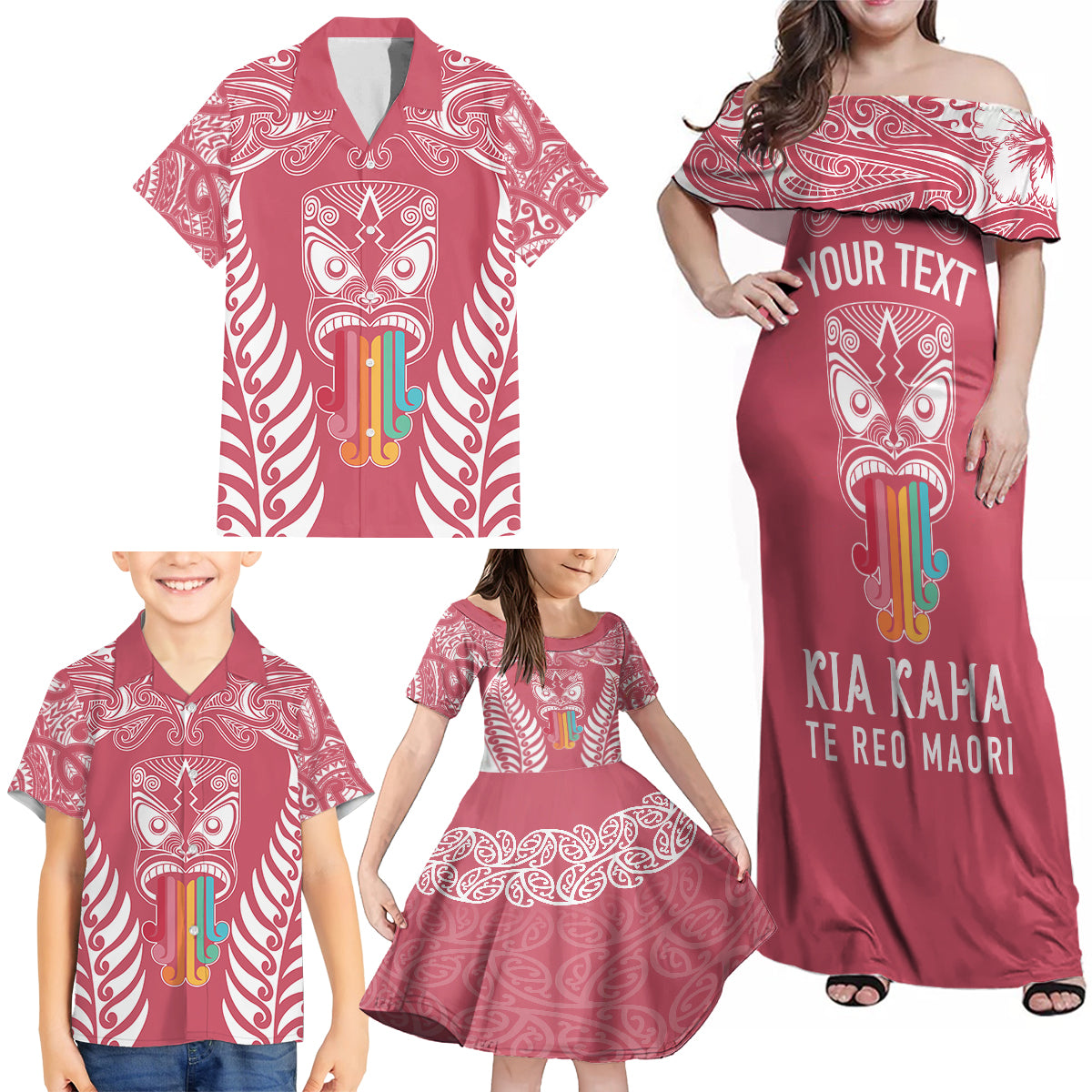 Personalised Kia Kaha Te Reo Maori Family Matching Off Shoulder Maxi Dress and Hawaiian Shirt Hei Tiki Mix Koru - Pink LT7 - Polynesian Pride