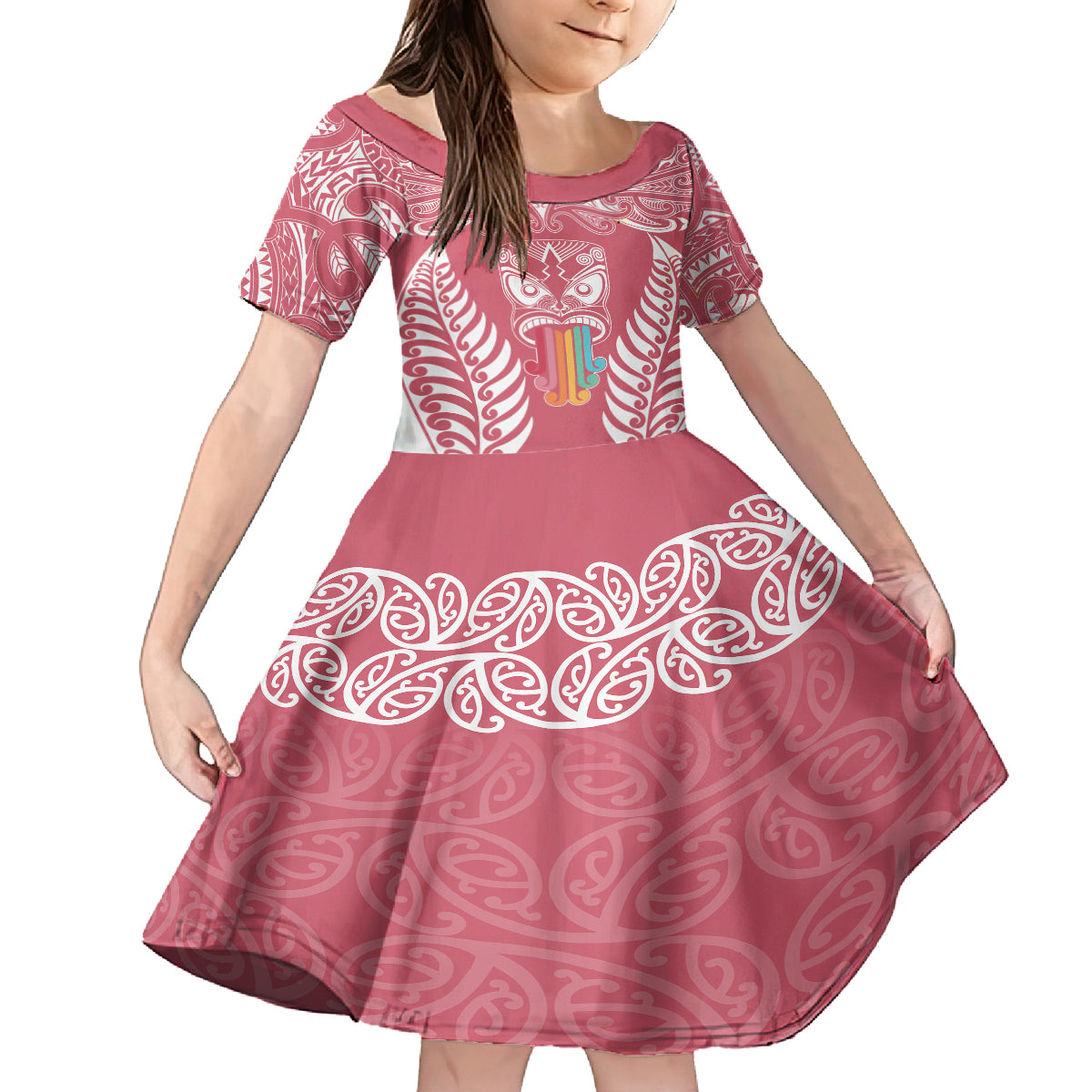 Personalised Kia Kaha Te Reo Maori Family Matching Off Shoulder Short Dress and Hawaiian Shirt Hei Tiki Mix Koru - Pink LT7 Daughter's Dress Pink - Polynesian Pride