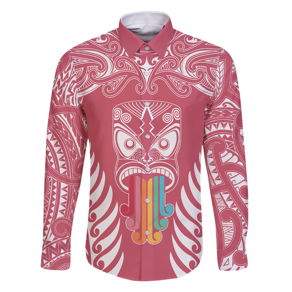 Personalised Kia Kaha Te Reo Maori Family Matching Off Shoulder Short Dress and Hawaiian Shirt Hei Tiki Mix Koru - Pink LT7 Dad's Shirt - Long Sleeve Pink - Polynesian Pride