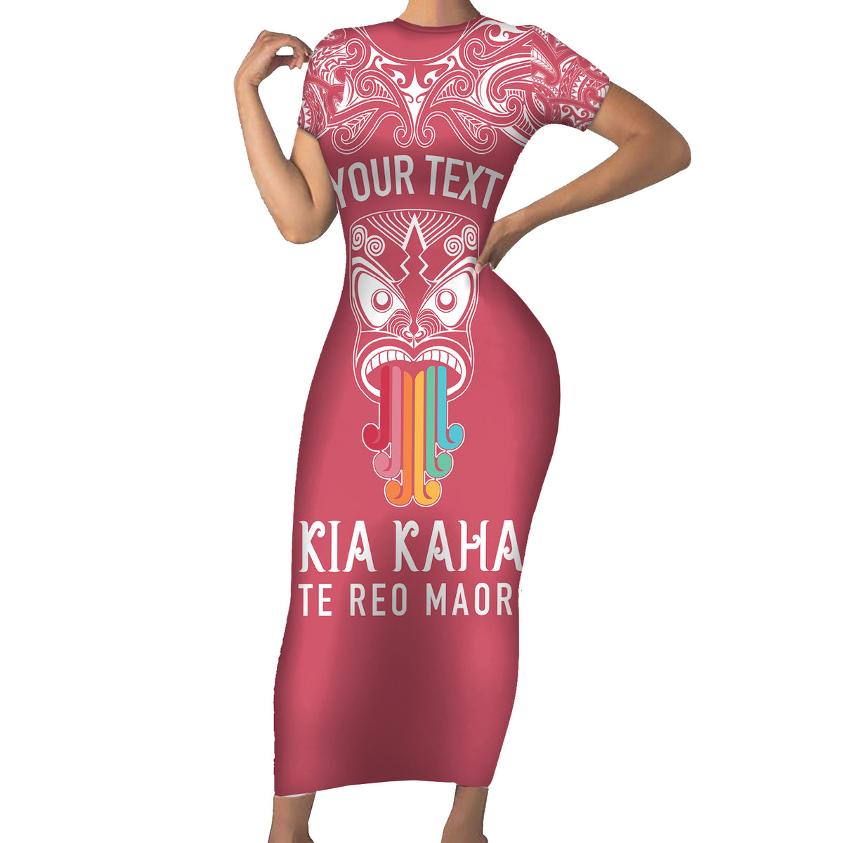 Personalised Kia Kaha Te Reo Maori Family Matching Short Sleeve Bodycon Dress and Hawaiian Shirt Hei Tiki Mix Koru - Pink LT7 Mom's Dress Pink - Polynesian Pride